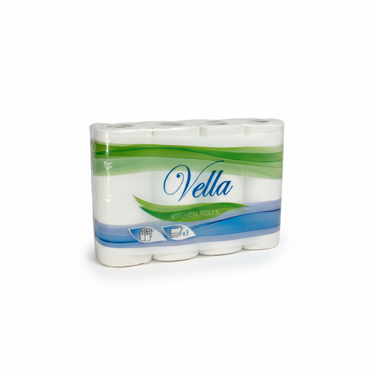 Vella PowerClean Küchenrolle, Einzelpackung, 3-lagig, extrem saugstark, Produktfoto auf weißem Hintergrund