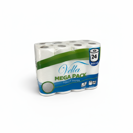 Vella Mega Pack Toilettenpapier, Einzelpack Großpackung, 3-lagig, Produktfoto auf weißem Hintergrund
